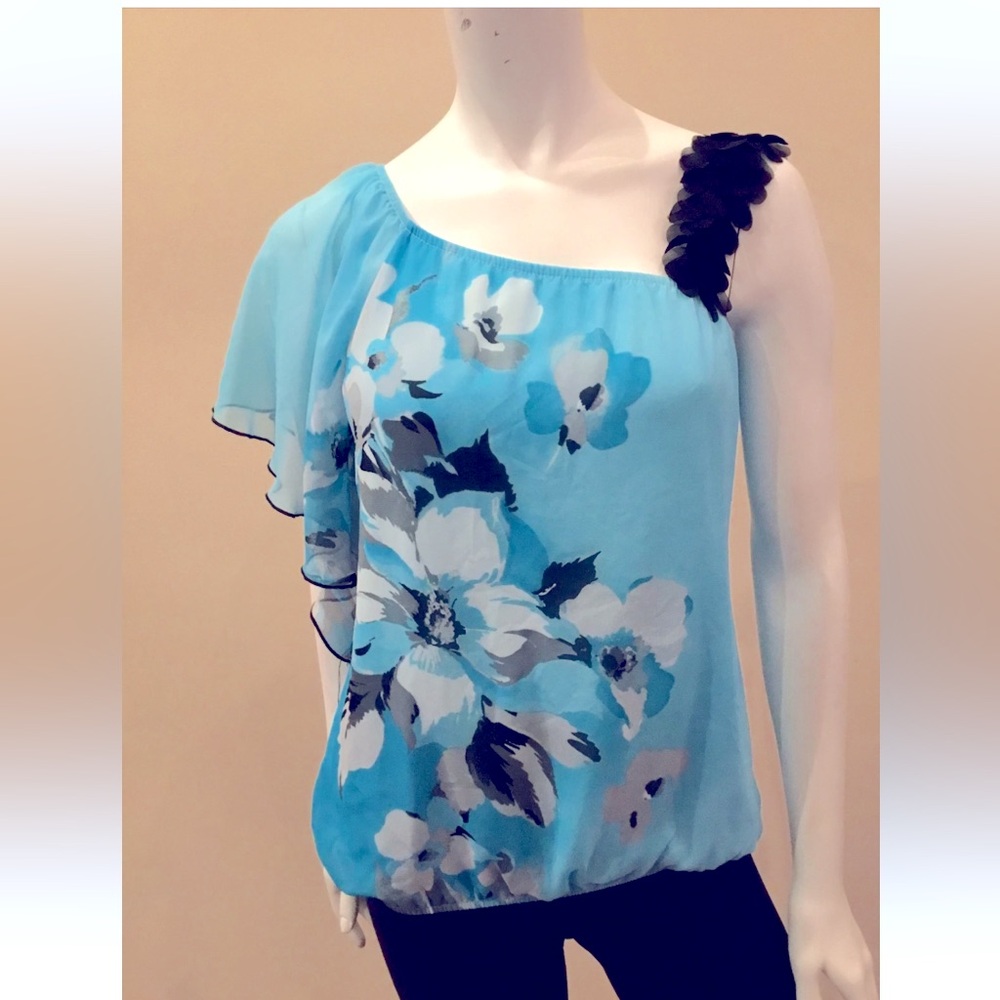 Wrapper Blue Floral Flutter Sleeve Blouse Shirt Women’s Large